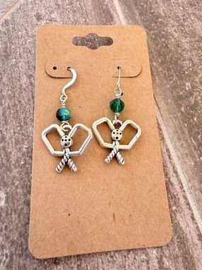 Green and Silver Tennis Racket Heart Drop Earrings - Women Jewelry